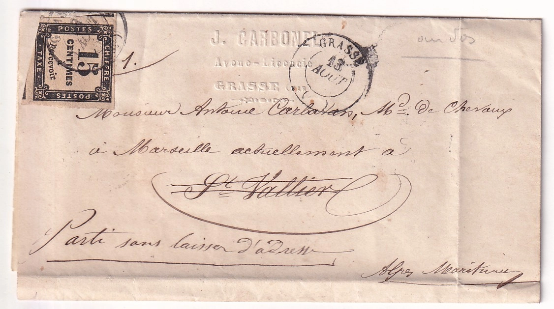 1 CAD BLEU Bau DES REBUTS ET NON VALEURS TIMBRE TAXE N°2 GRASSE VAR ALPES MARITIMES 1864