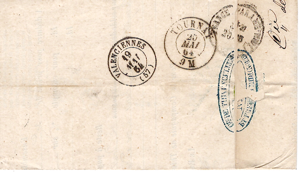 1 N° 22 GC 1105 TYPE 15 CONDE NORD1864 LETTRE POUR TOURNAI BELGIQUE TARIF FRONTALIER