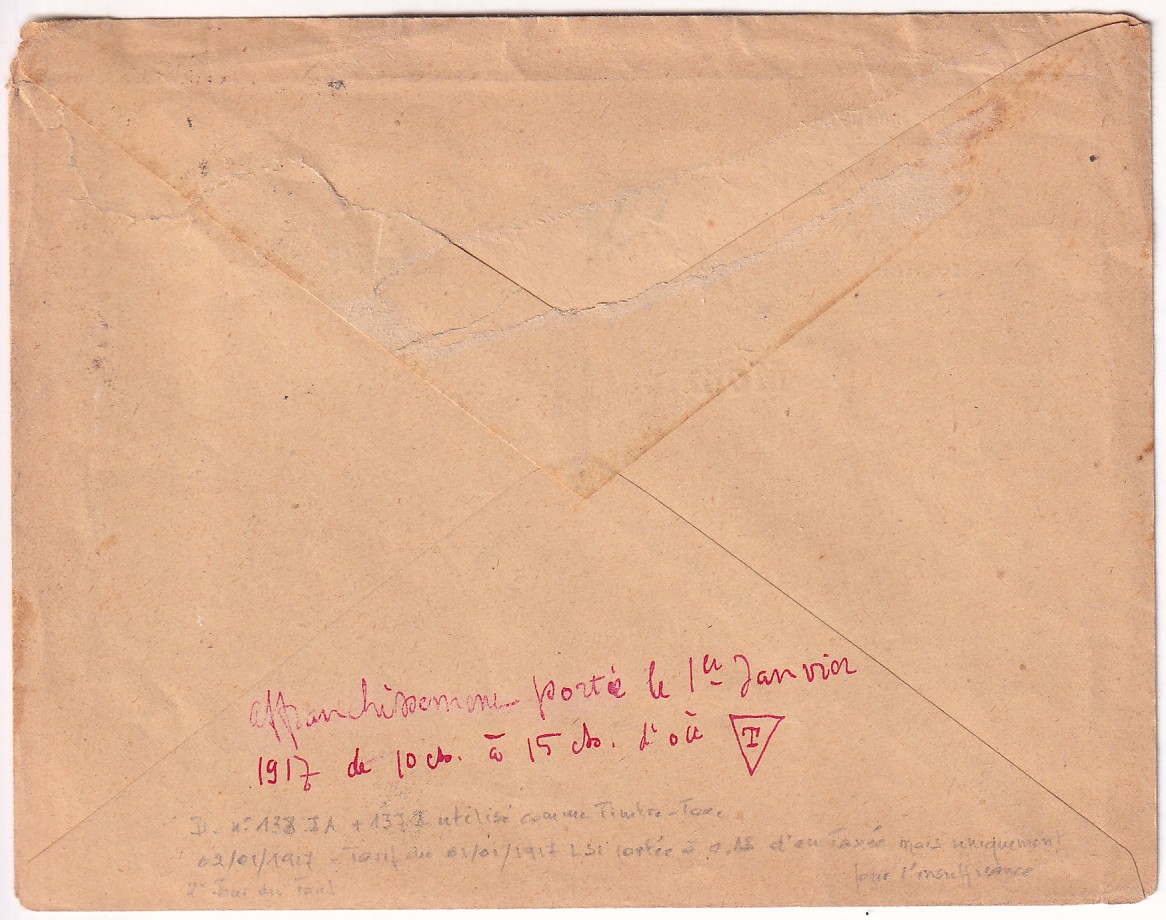 1 N°138 DU 2 JANVIER 1917 N°137 UTILISE EN TIMBRE TAXE  DEPART LYON RHONE POUR NANCY MEURTHE ET MOSELLE