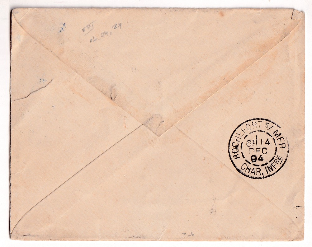 1 CORR ARMEE SAIGON + COMMANDANT ARTILLERIE INDOCHINE 1894 POUR ROCHEFORT SUR MER CHARENTE INFERIEURE
