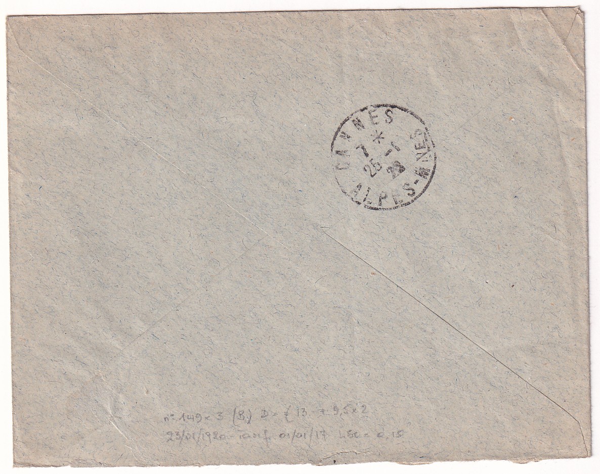 1 N°149 X3 ORPHELINS DE GUERRE MEXIMIEUX AIN 1920 POUR CANNES ALPES MARITIMES