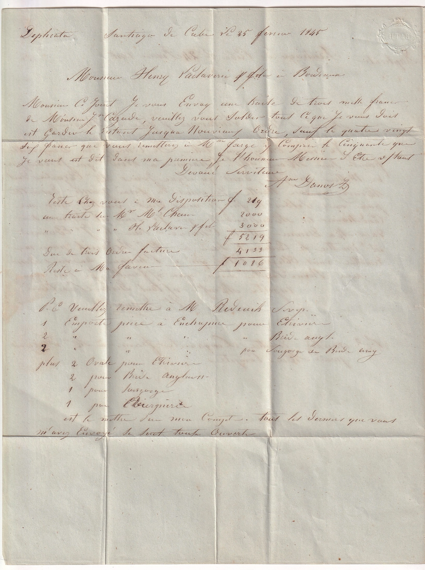 3 LETTRE DE SANTIAGO DA CUBA 1844 PURIFIEE ENTAILLES DE PURIFICATIONS ENTRE OUTRE MER PAUILLAC  POUR BORDEAUX