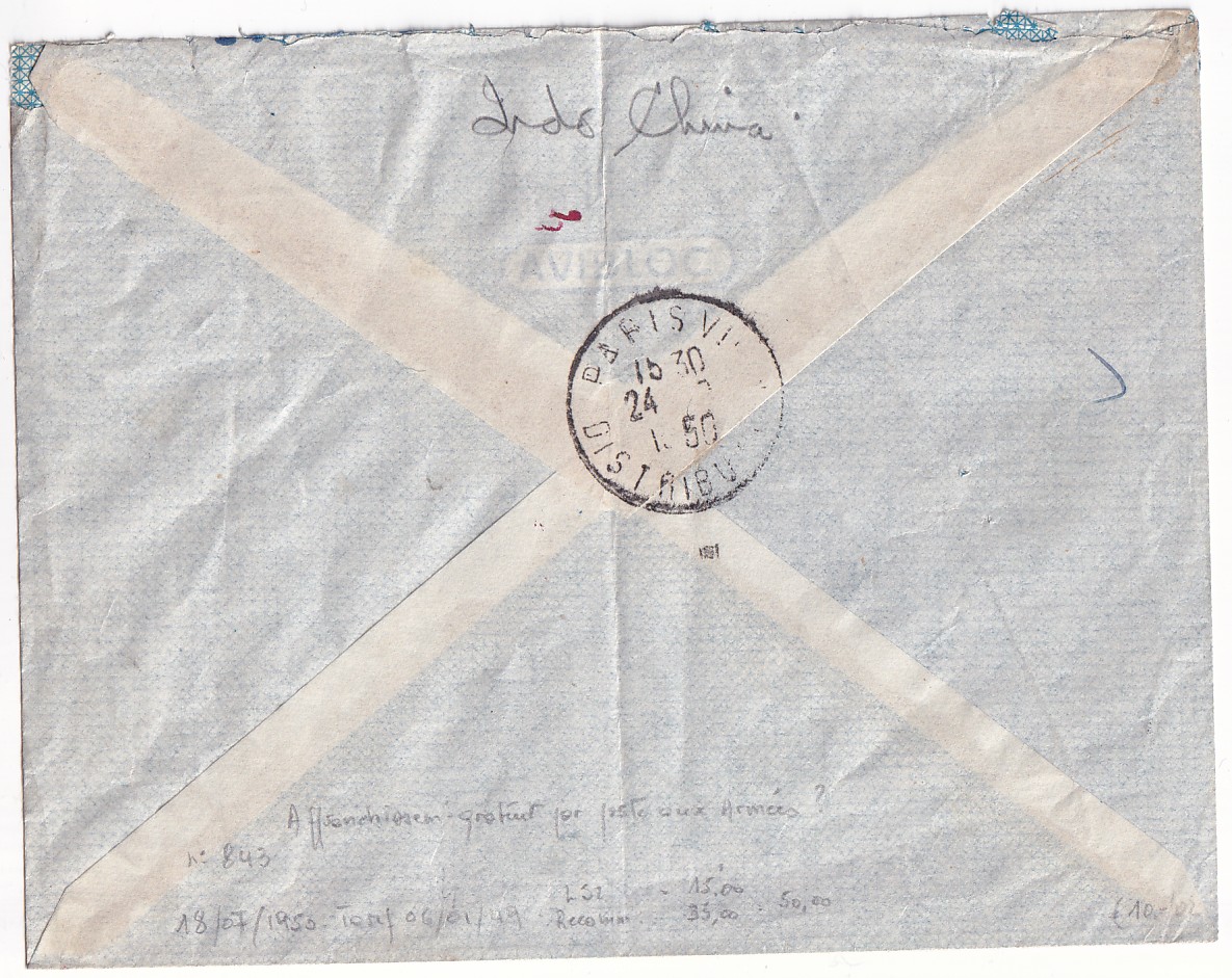 1 N°843 SEUL SUR LETTRE RECOMMANDE POSTES AUX ARMEES 405A GUERRE INDOCHINE 19 JUILLET 1950