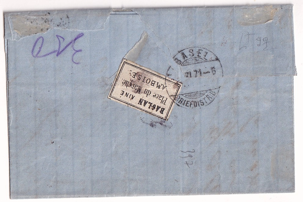 1 N°29 43A CAD GARE AMBOISE INDRE ET LOIRE POUR BALE SUISSE ETIQUETTE PUB AU DOS