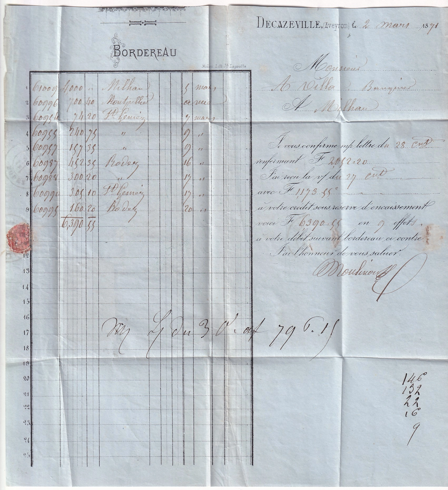 2 N°46B PAIRE TTB VARIETE TACHE SUR S DE POSTES GC 1284 DECAZEVILLE AVEYRON POUR MILLAU 2 MARS 1871