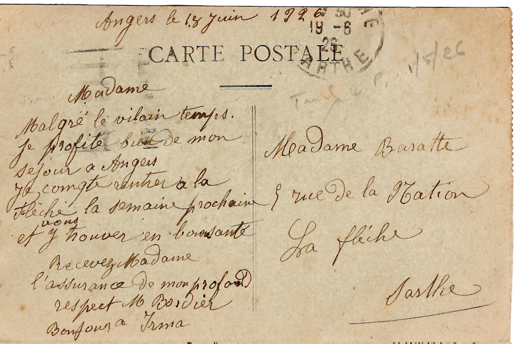 1 BLANC 5C PREO MIXTE SEMEUSE 25 AU RECTO CARTE MEC ANGERS MAINE ET LOIRE 1926