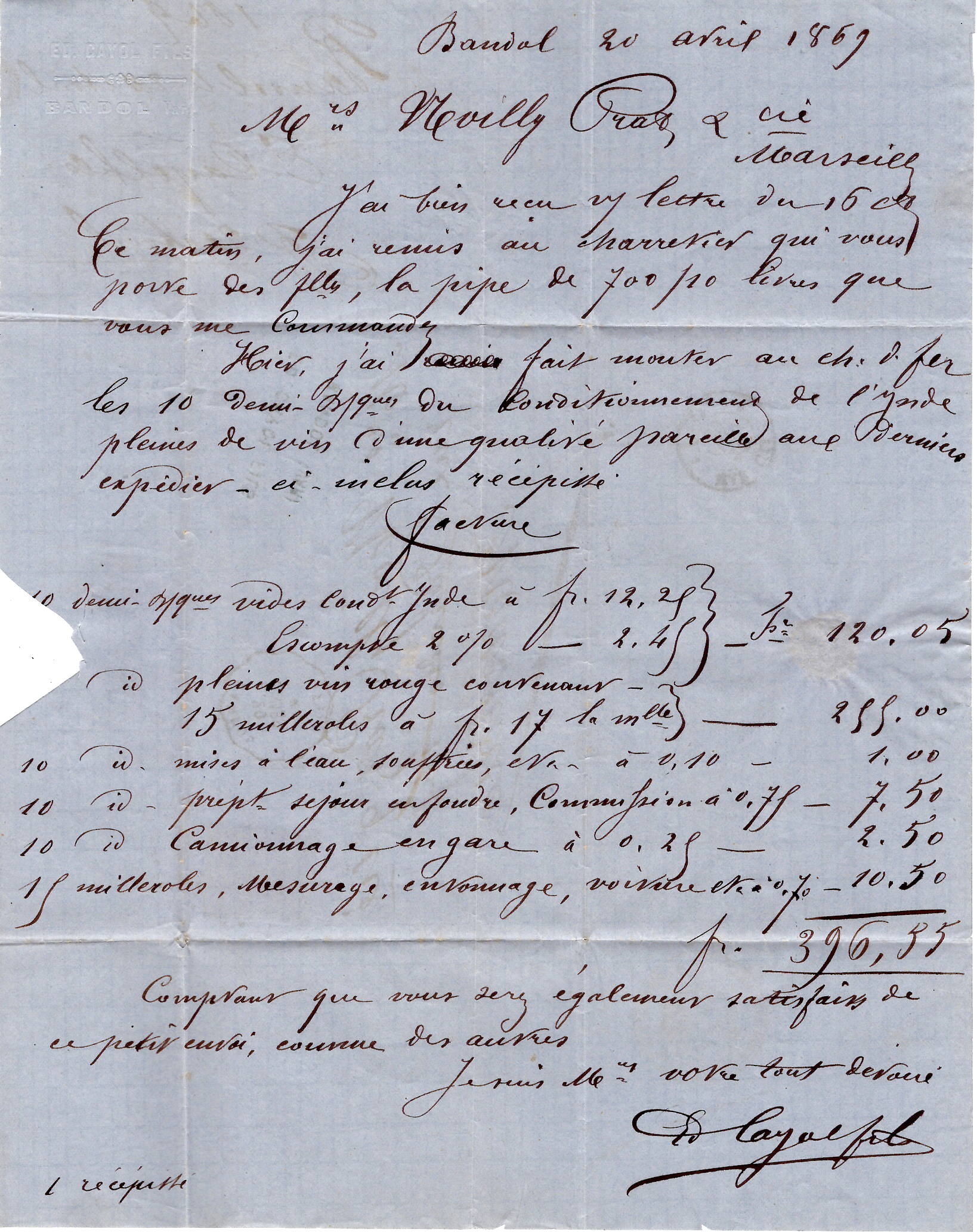 2 LAURE 20C GC 2240 CONVOYEUR STATION BANDOL D.MARS 1869 LETTRE VAR COTE 130€