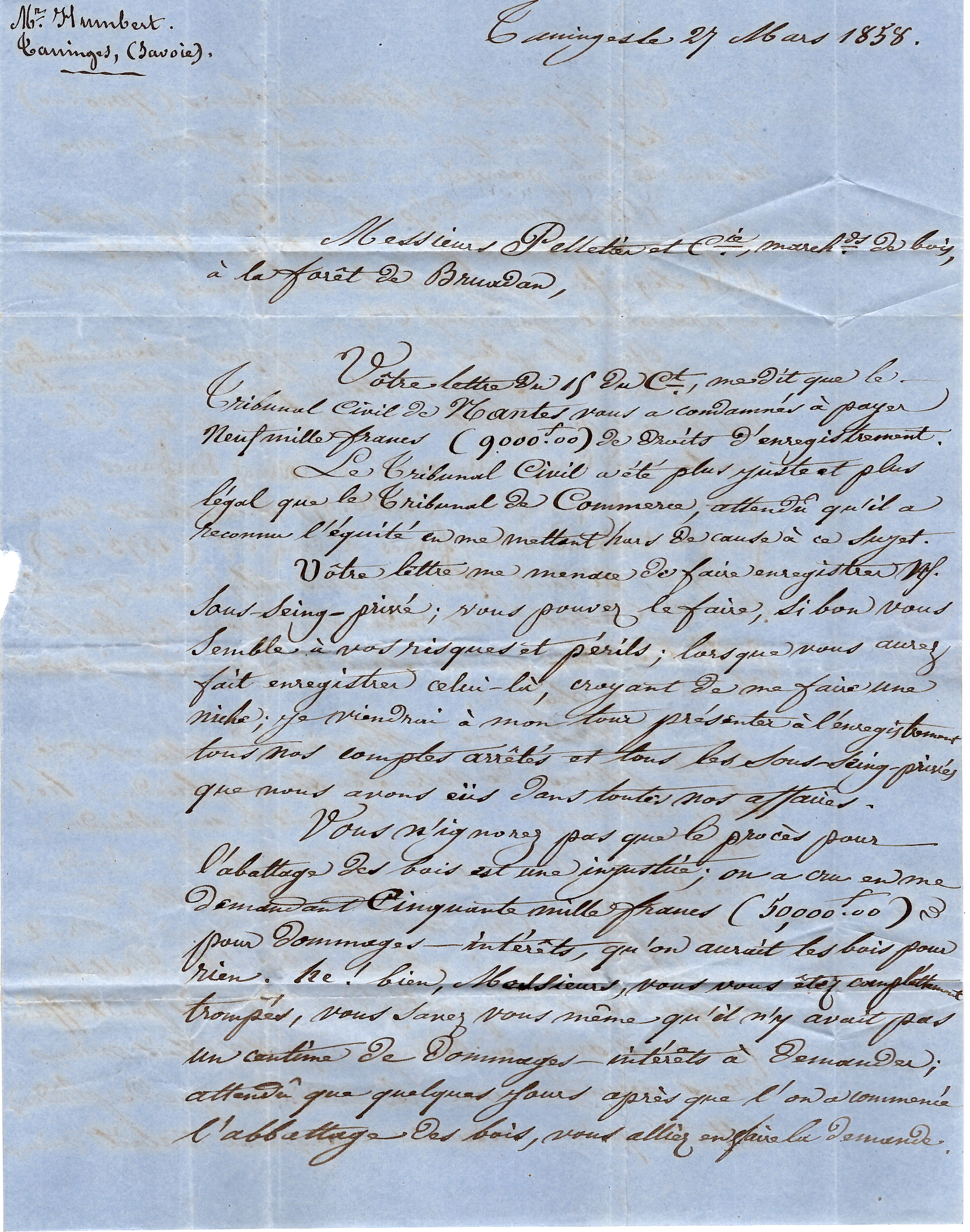 2 SARDE 40C EFFLEURE EN BAS 10C GRANDES MARGES LETTRE TANINGES 1858 POUR  LOIR ET CHER