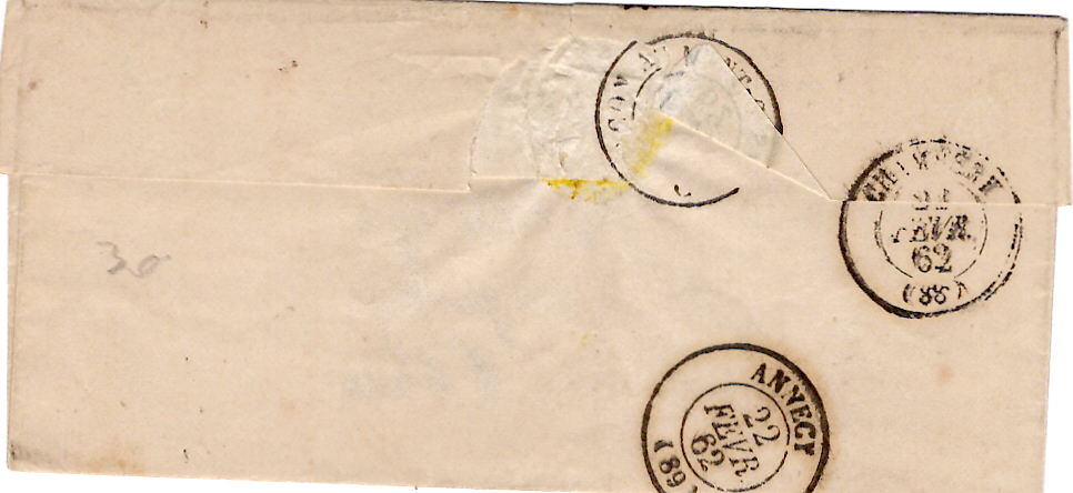 1 N° 14 LETTRE PC 4240 TYPE 15 ST JULIEN EN GENEVOIS 21 FEVR 1862