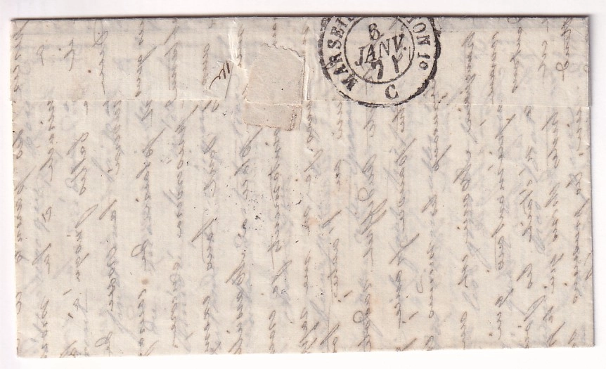 1 BOULE LE MOULINS N°32 + 45 G 720 CANNES ALPES MARITIMES 5 JANVIER 1871 POUR PARIS SANS CACHET ARRIVE