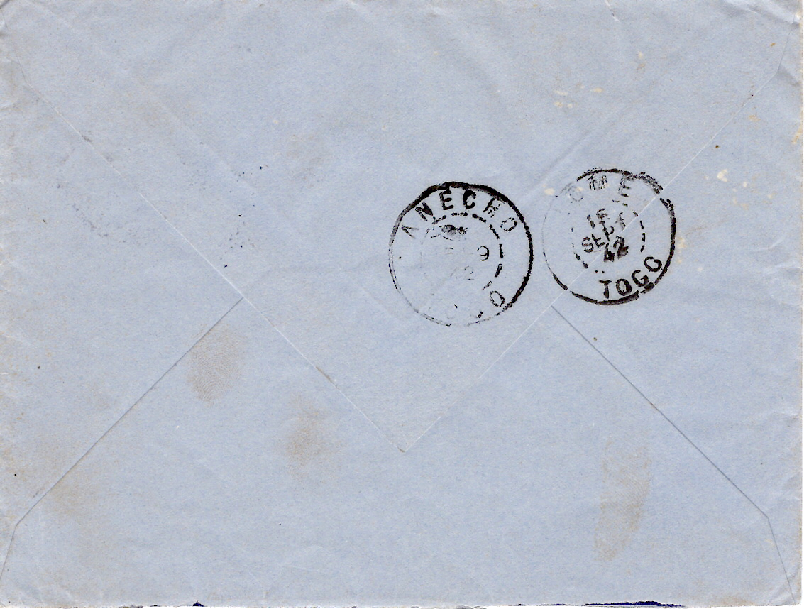 1 PETAIN 5FR+1FRX2 LETTRE AVION NICE 1942 POUR TOGO + ARMISTICE DETACHEMENT LIAISION