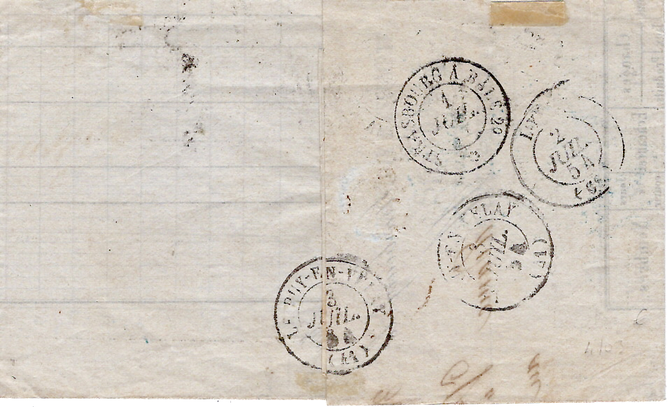 1 N°10 SEUL LETTRE PC STRASBOURG 1 JUIL 1854 1ER JOUR A 20C 5C TROP