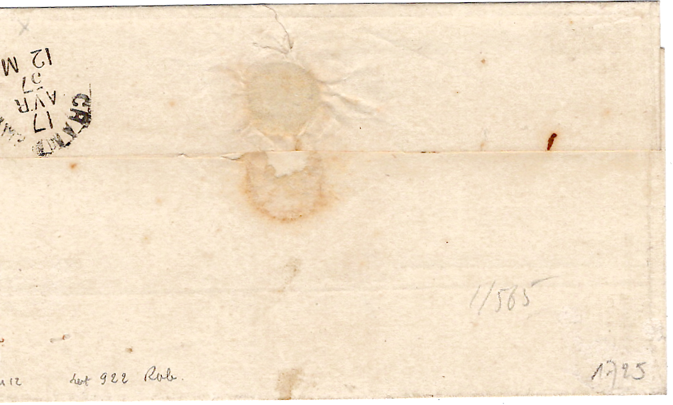 1 SARDE 20C TOUCHE AIME 16 FEVR 1857 LETTRE POUR CHAMBERY CACHET AU RECTO