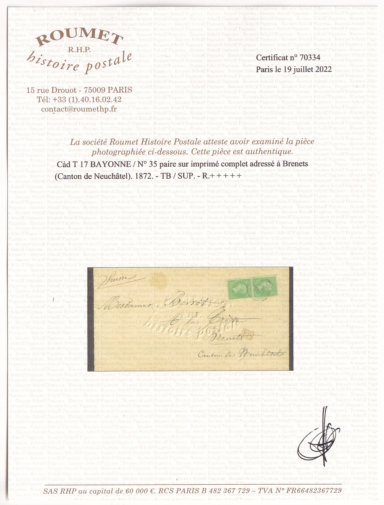 2 N°35 PAIRE CAD TYPE 17 BAYONNE BASSES PYRENEES FAIRE PART DEUIL ETRANGER POUR BRENETS SUISSE RARE