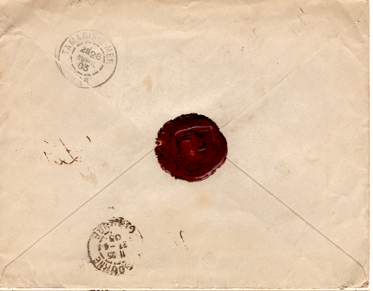 1 MOUCHON RETOUCHE 15CX3+25C LETTRE REC CACHET HEX PARIS RP 24 AVRIL 03 R THERESE 1