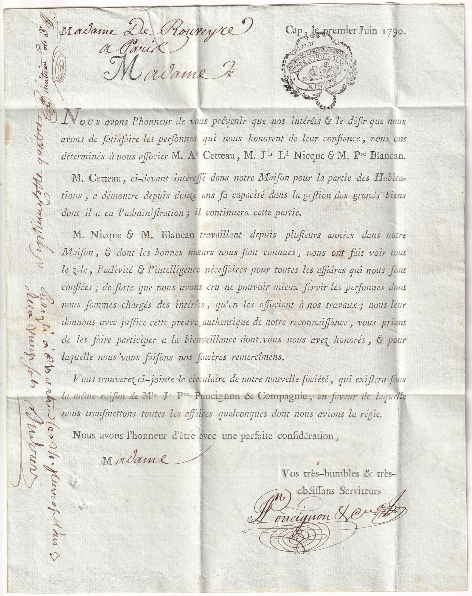 1 MARQUE BORDEAUX COLONIES RONDE FLEURS DE LYS DE CAP ST DOMINGUE HAITI 1790 POUR PARIS