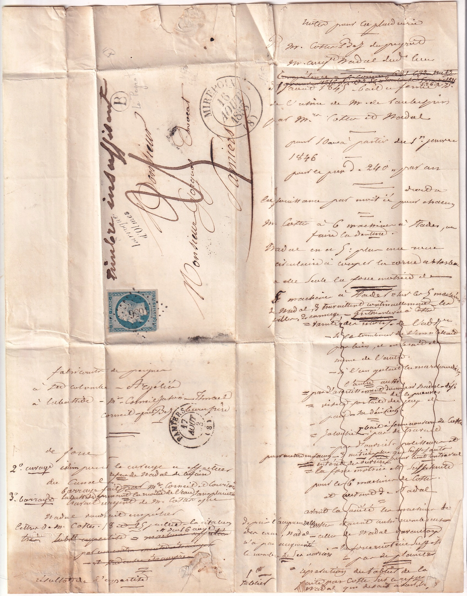 2 N°10 CURSIVE 8 LARROQUE D'OLMES ARIEGE + CAD TYPE 13 MIREPOIX TAXE 25C MANUSCRIT BOITE RURALE B LA PEYRAT POUR PAMIERS
