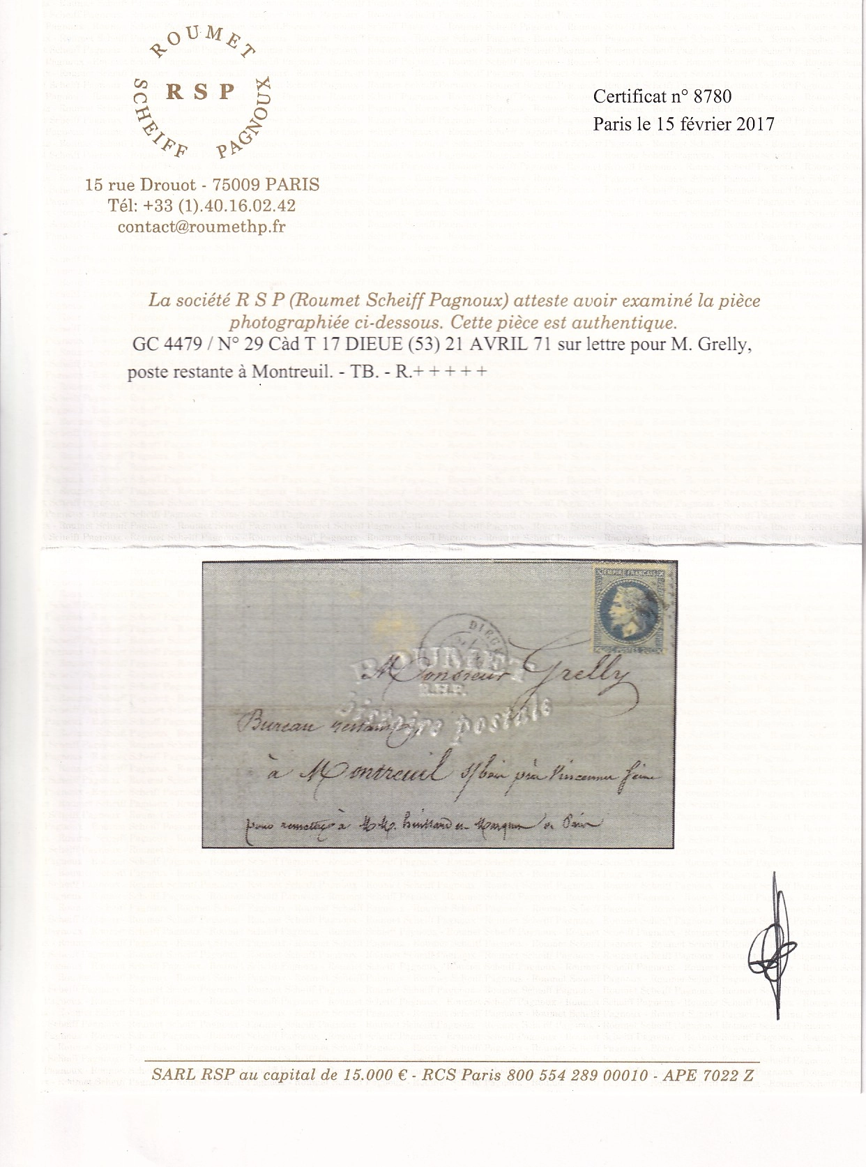2 COMMUNE DE PARIS N°29 GC 4479 DIEUE MEUSE 21 AVRIL 1871 POUR POSTE RESTANTE A MONTREUIL CERTIFICAT RHP