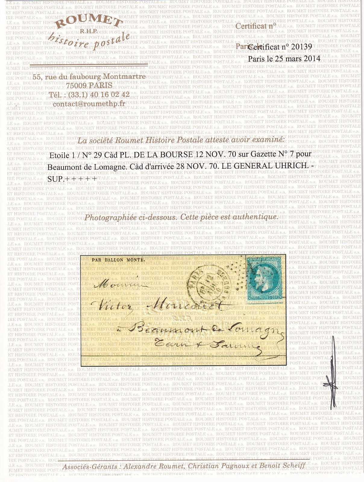 4 BALLON MONTE LE GENERAL UHRICH PARIS 12 NOV 1870 GAZETTE DES ABSENTS N°7 BEAUMONT DE LOMAGNE TARN ET GARONNE 28 NOV
