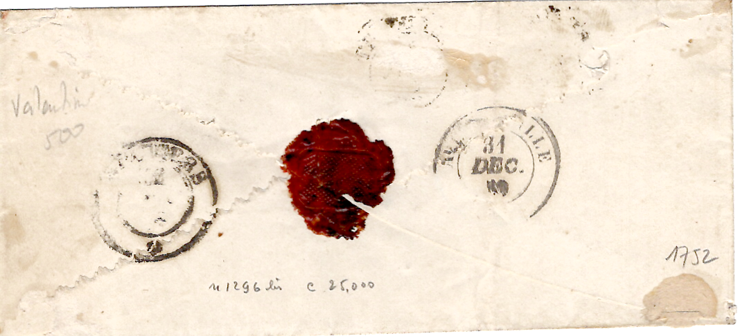 1 SARDE 20C  BELLES MARGES BEAUFORT 31 DEC 1859 ENVELOPPE VALENTINE RARE