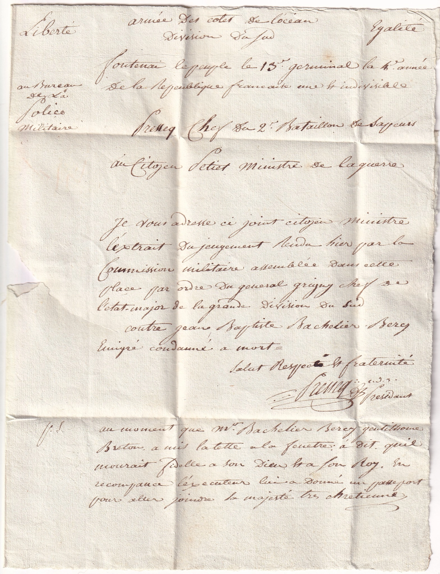 1 ARMEE DES COTES DE L'OCEAN AN4 1796 + MARQUE REVOLUTIONNAIRE 79 FONTENAY LE PEUPLE VENDEE TEXTE EMIGRE