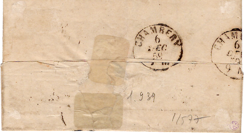 1 SARDE 20C BELLES MARGES LETTRE YENNE 5 DEC 1859 POUR CHAMBERY SAVOIE