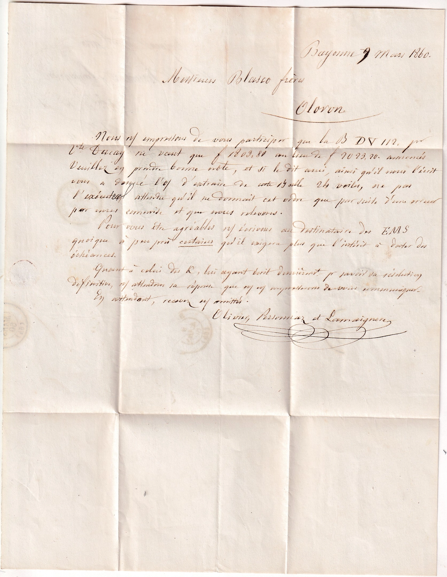 2 N°14 GRILLE DE BAYONNE BASSES PYRENEES POUR OLORON 9 MARS 1860