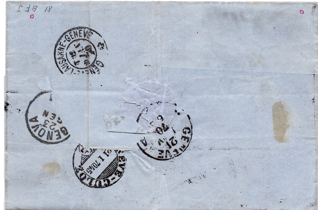 1 LAURE 30C ETOILE PARIS 3 29 JANV 1870 LETTRE POUR ST PREX SUISSE REEX 10C ST PREX POUR GENEVE