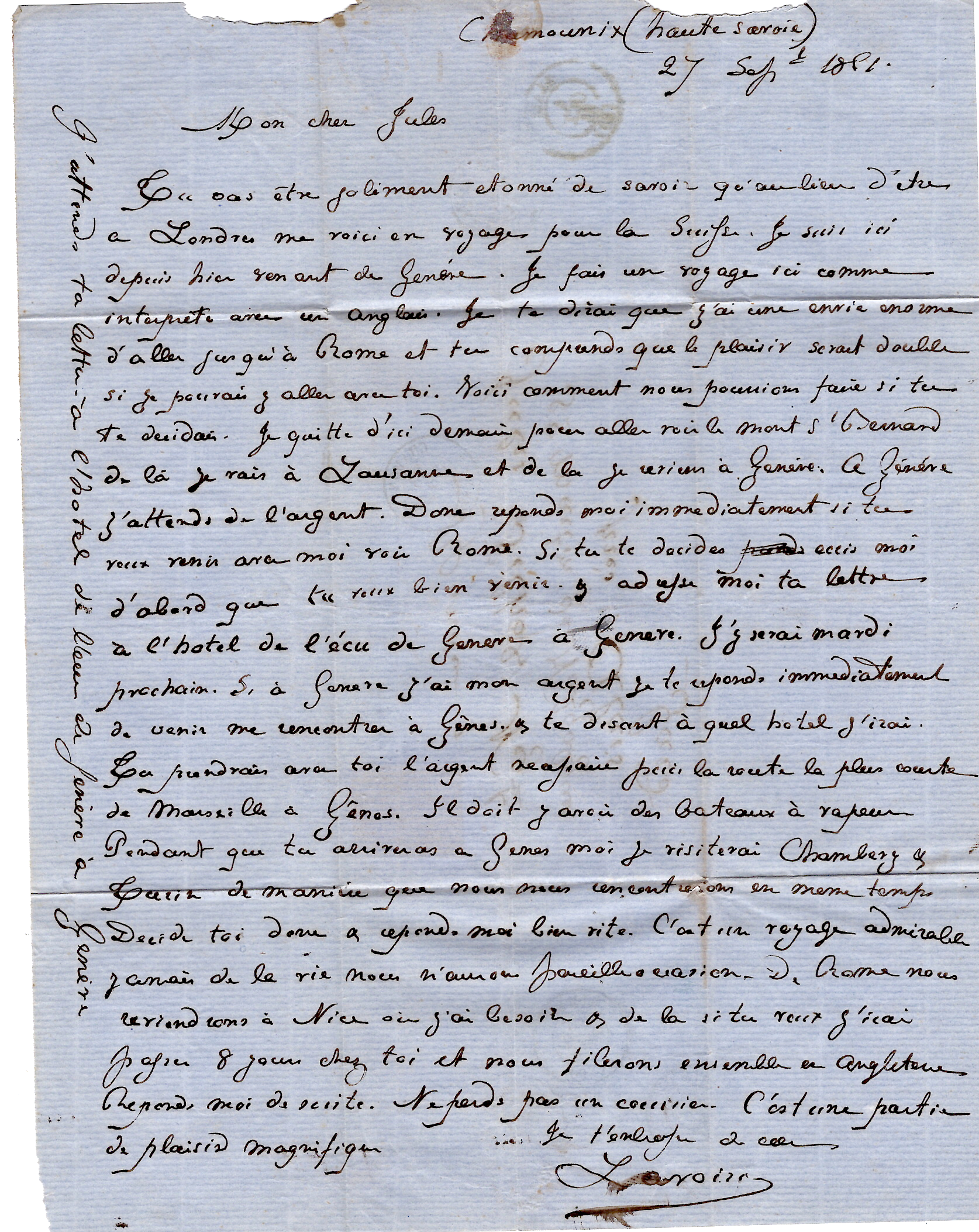 2 N°14 PC 4208 TYPE 15 CHAMONIX 28 SEPT 1861 LETTRE