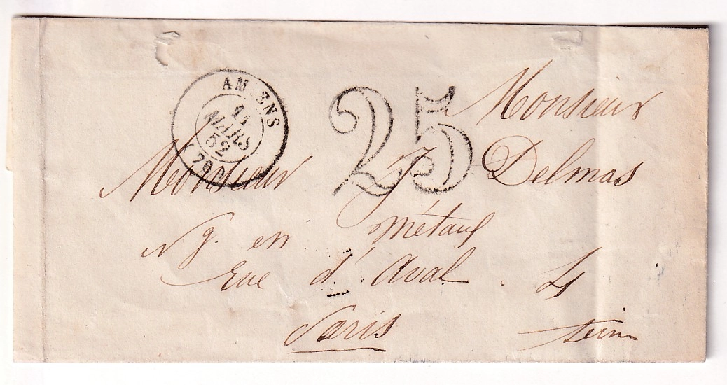 2 GRIFFE ROUGE LETTRE ARRIVEE DECACHETEE PARIS 1852 DEPART AMIENS SOMME