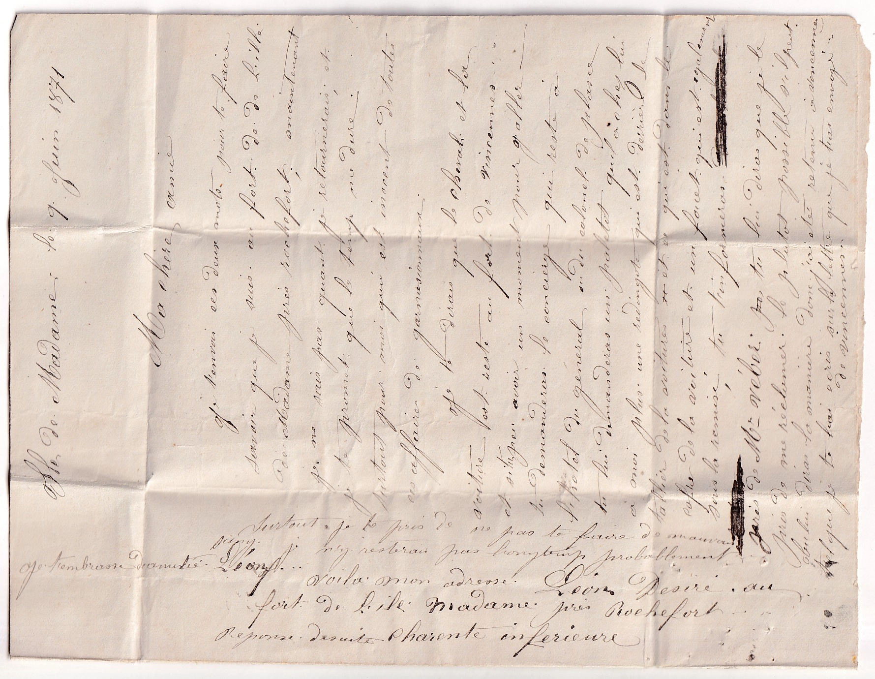 3 LETTRE D'UN DETENU AU FORT DE L' ILE MADAME CAD GARE DE ROCHEFORT CHARENTE INFERIEURE 17 JUIN 1871 POUR PARIS COMMUNE DE PARIS