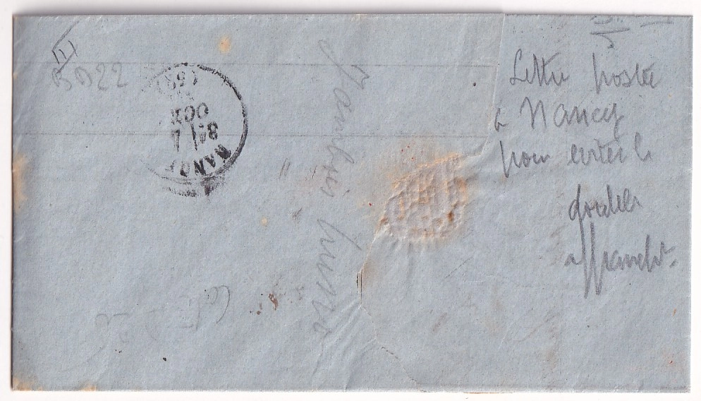 1 N°36 25 27 GC 2598 NANCY POUR NANCY MEURTHE ET MOSELLE ACHEMINEE DE SARREGUEMINES 4 OCT 1871 TARIF LOCALE