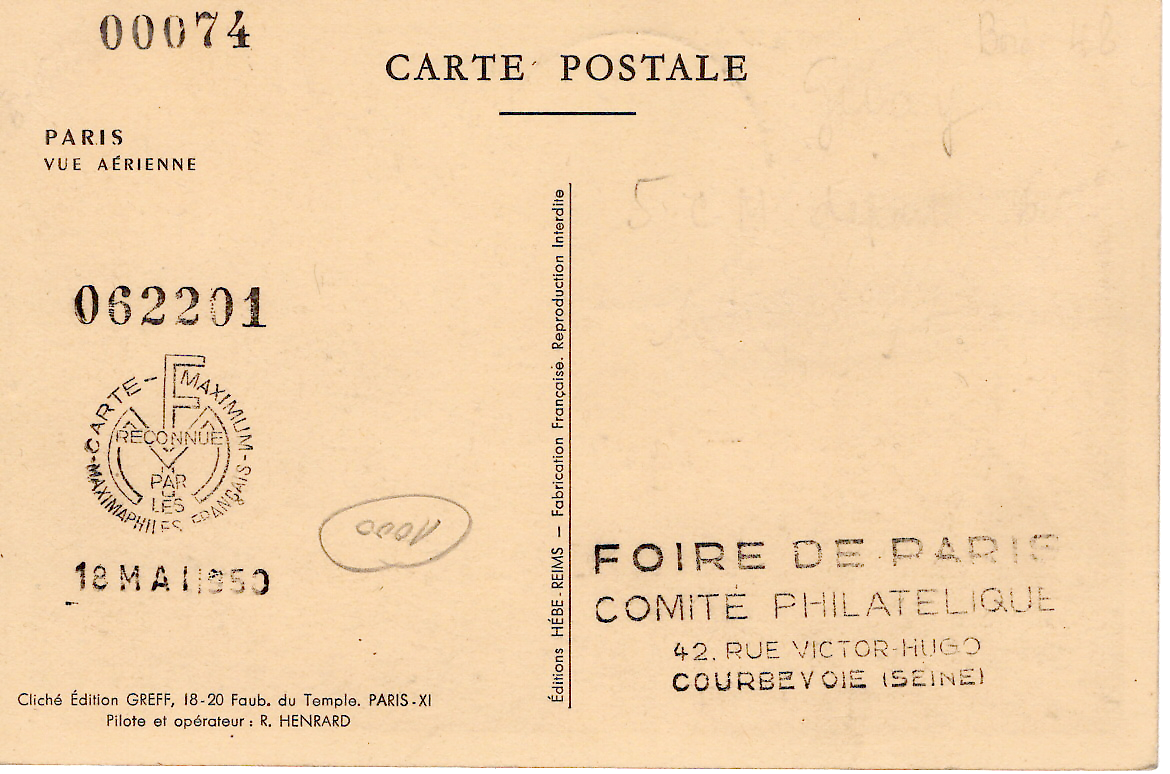 1 PA N° 29 1000FR PARIS CARTE MAXIMUM FOIRE DE PARIS 18.5.1950