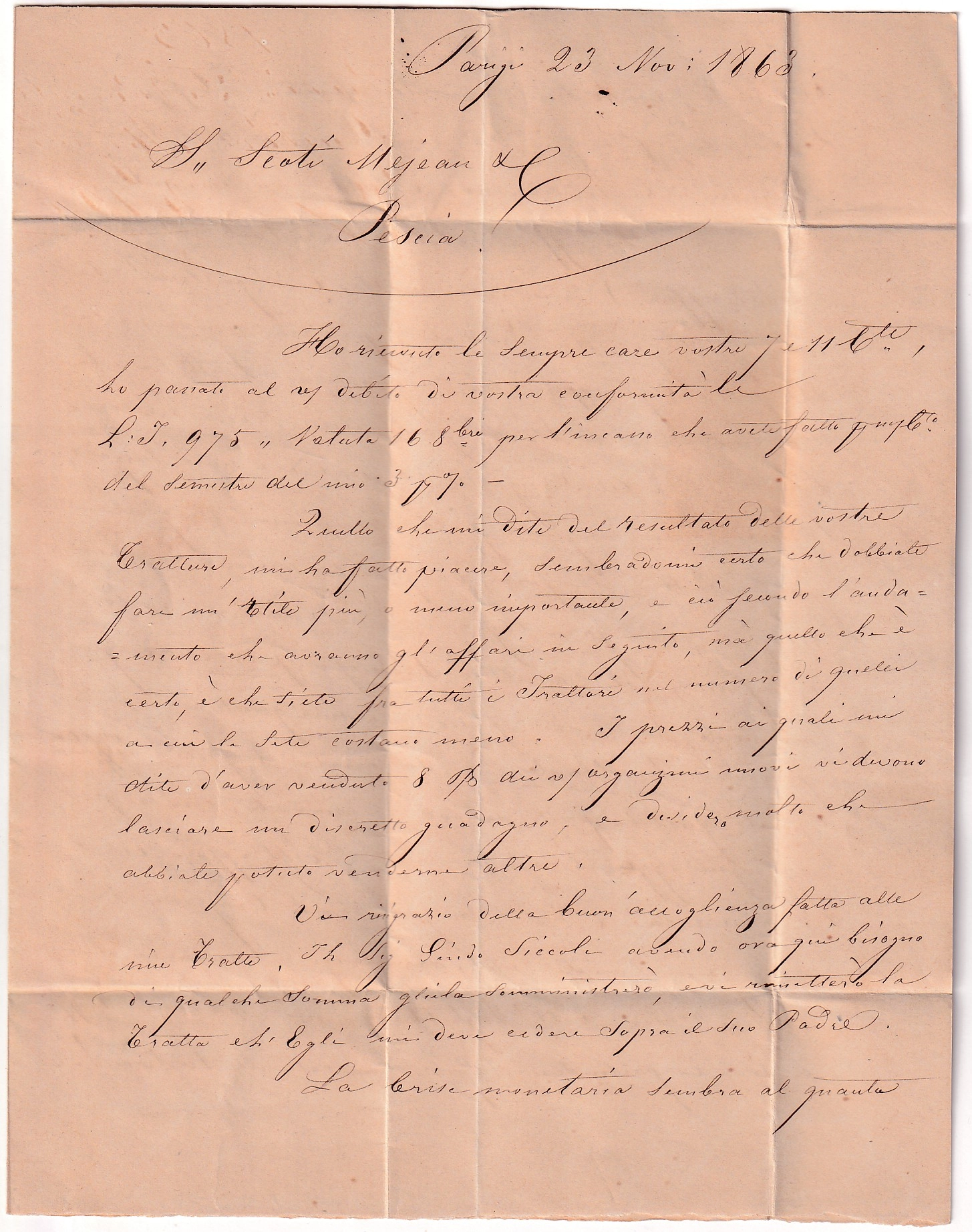 2 N°22 PARIS ETOILE 15 CAD BUREAU G RARE POUR PESCIA ITALIE 1863 INDICE 20