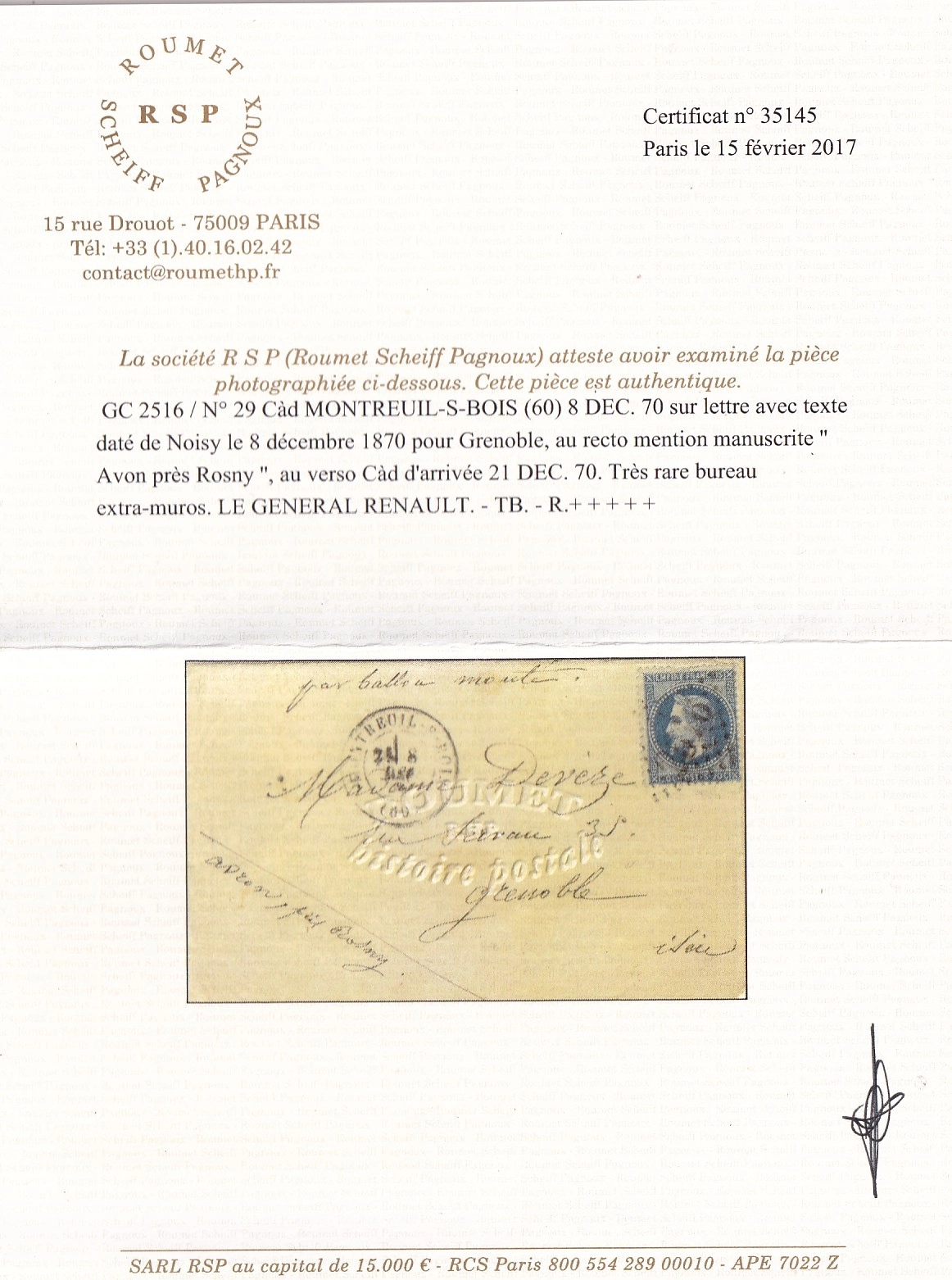 3 BALLON MONTE POSTE A MONTREUIL SOUS BOIS 8 DEC 1870 TEXTE DE NOISY  MENTION AVRON PRES ROSNY LE GENERAL RENAULT POUR GRENOBLE ISERE