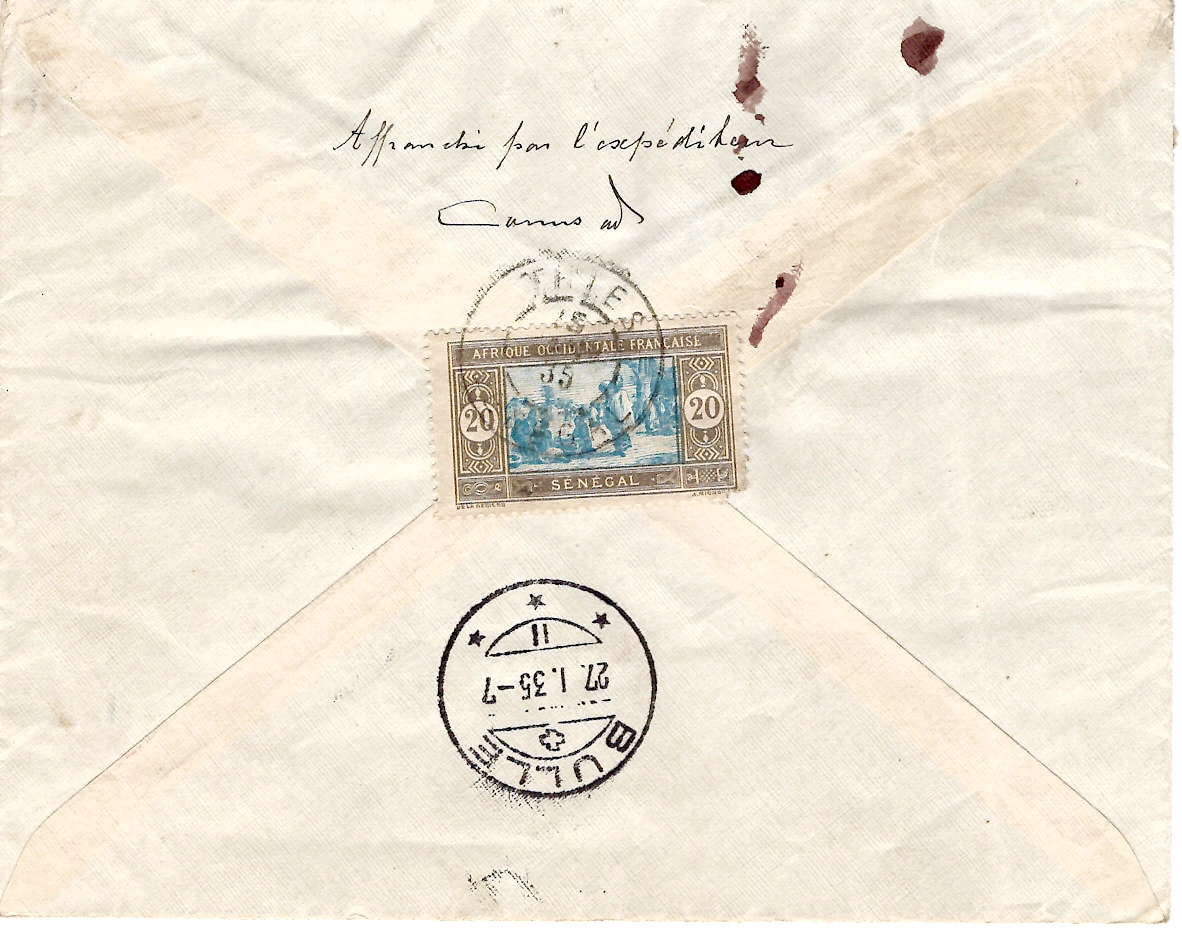 1 SERIE EXPO COLONIALE + VERSO AOF SENEGAL 20C LETTRE REC THIES SENEGAL 15 JANV 1935 PPUR BULLE SUISSE