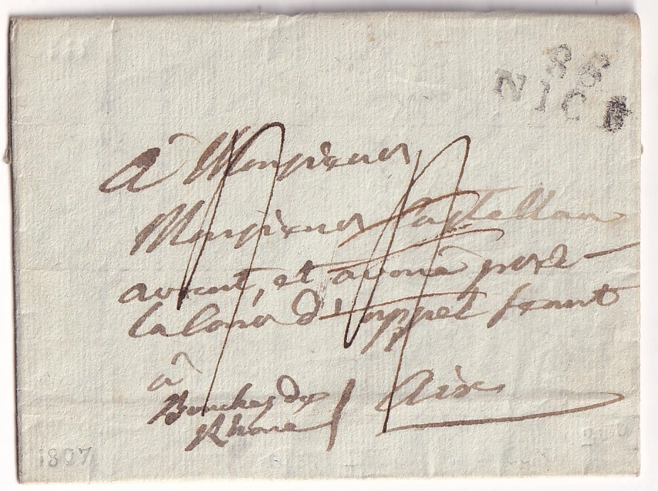 1 DEBOURSE DE CONI ITALIE 85 NICE CONQUIS ALPES MARITIMES + LYRE D'AIX EN ARRIVEE 1807 BOUCHES DU RHONE