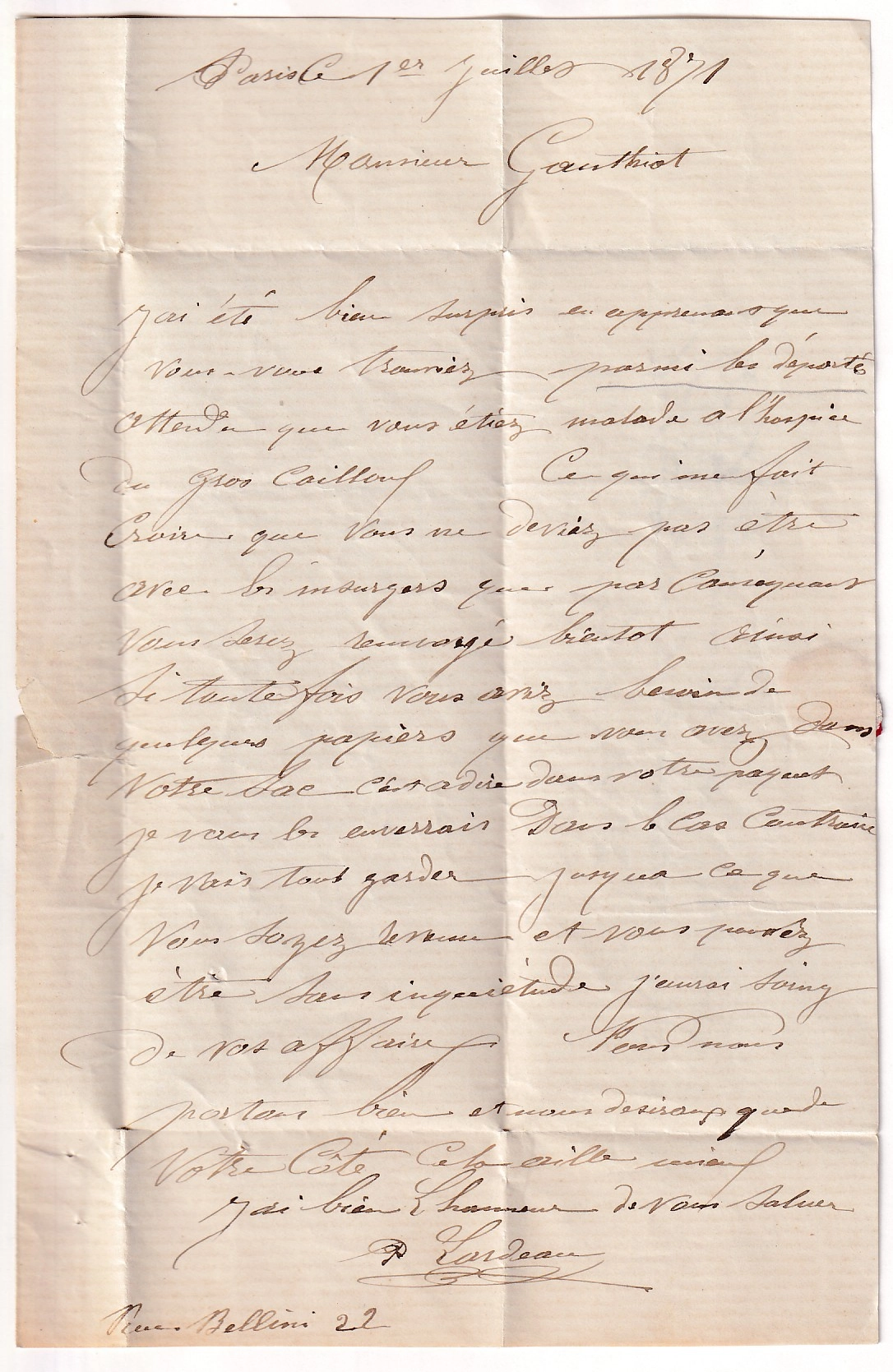 2 PRISON PONTON L'HERMIONE DEPART PARIS 1ER JUILLET 1871 POUR UN DETENU ILE DE TREBERON FINISTERE TRANSFERE A BORD DE L'HERMIONE EN RADE DE BREST COMMUNE DE PARIS