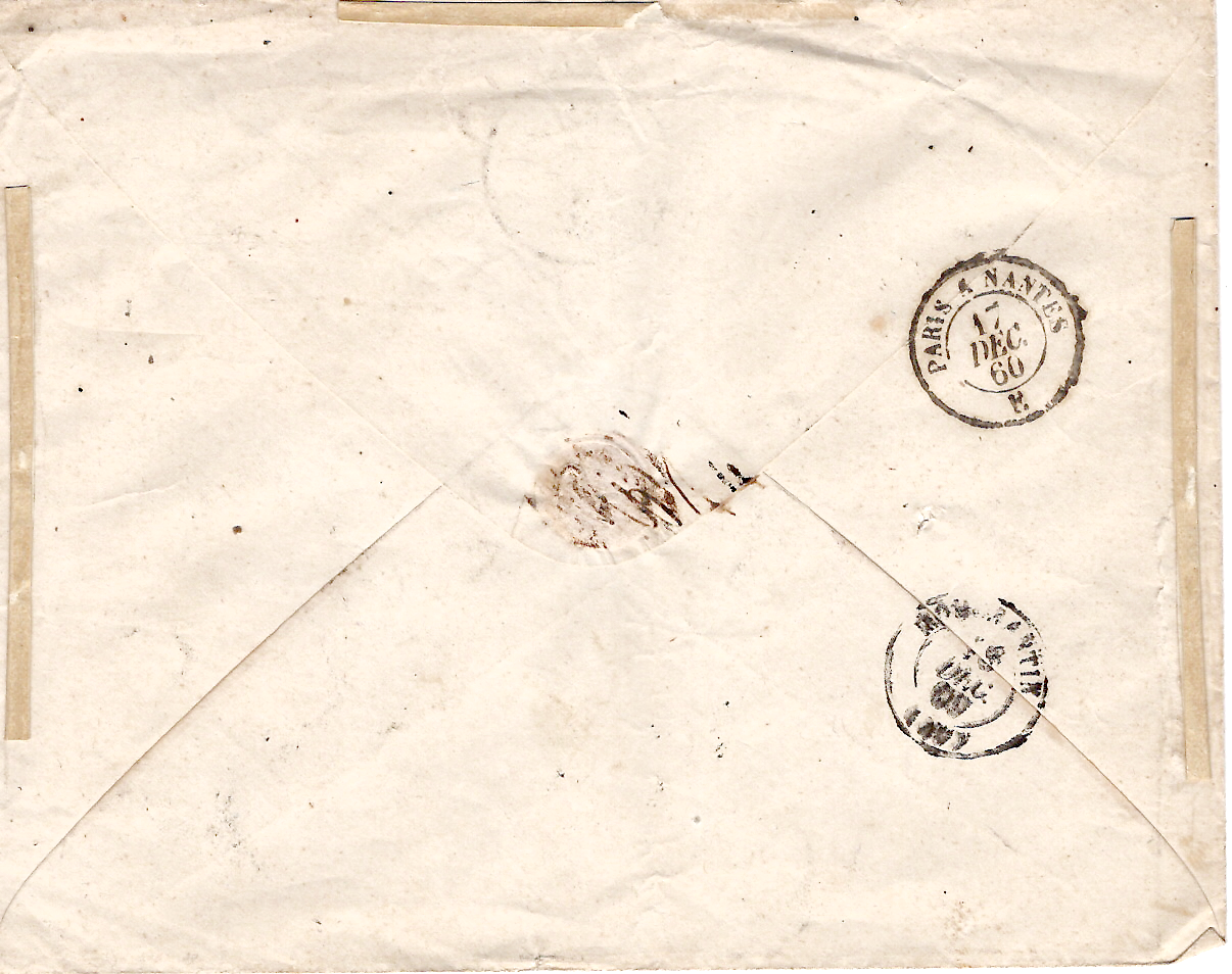 1 N° 14 TYPE 15 ROMORANTIN ARRIVEE SUR LETTRE TIMBRE A DATE HS4 PARIS HS4 17 DEC 1860