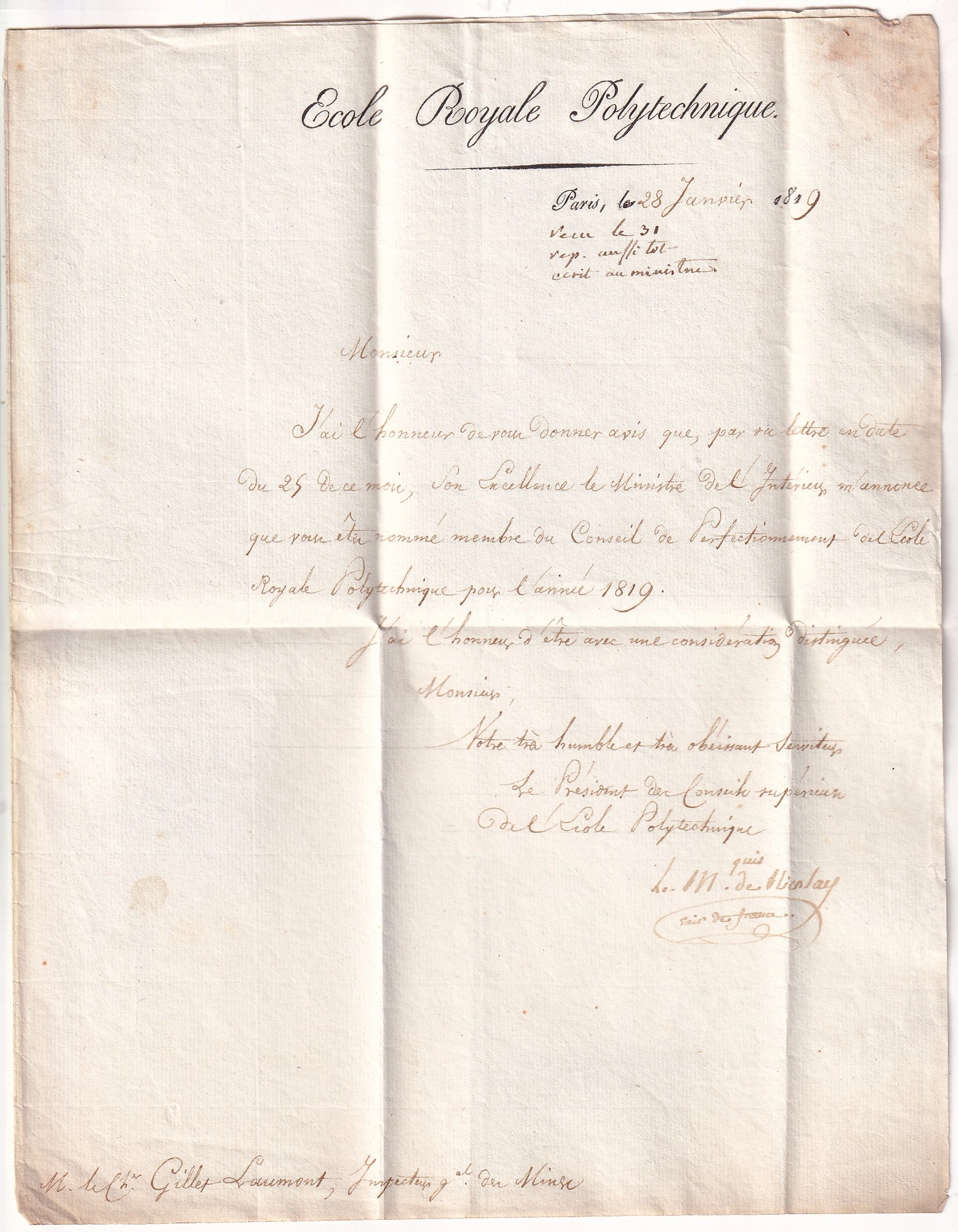 1 FRANCHISE ECOLE POLYTECHNIQUE EN BLEU PARIS 1819 POUR PARIS