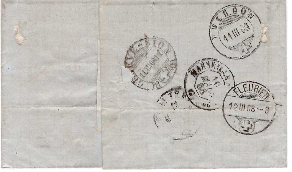 1 LAURE 10C PAIRE GC 2240 + PD ROUGE + N°23 LETTRE MARSEILLE 1868 POUR SUISSE