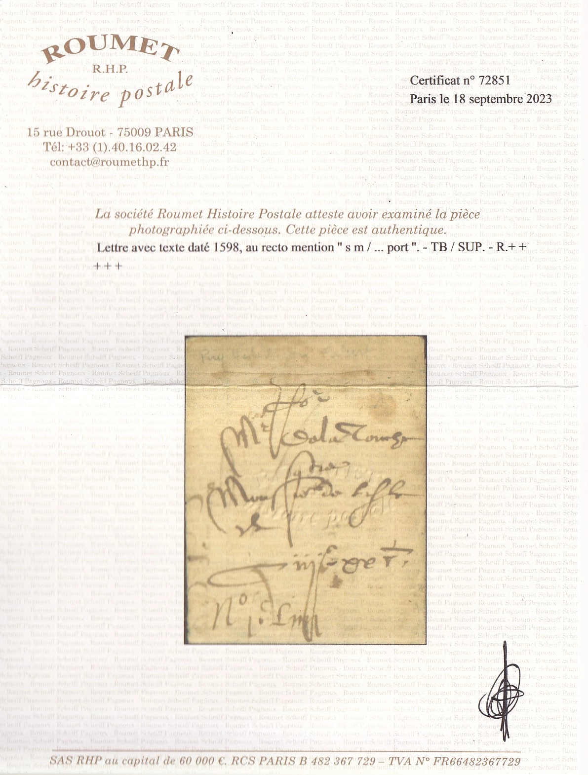 5 LETTRE DE 1598 AVEC MENTION DE PORT CERTIFICAT ROUMET INDICE 29