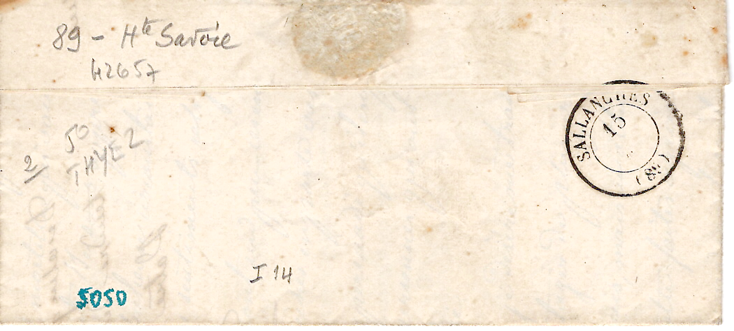 1 N° 14 PC 4211 TYPE 15C CLUSES 14 DEC 1860 LETTRE ECRITE THYEZ POUR MEGEVE HAUTE SAVOIE