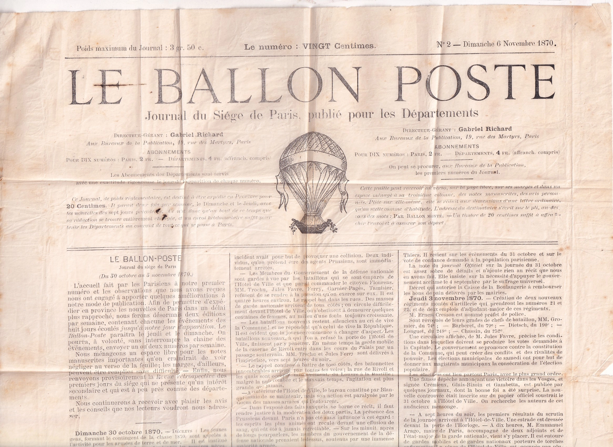 1 BALLON MONTE LE GIRONDE JOURNAL LE BALLON POSTE N°1 PARIS ARRIVE 7.10.1870 POUR BOULOGNE SUR MER ARRIVE 10.10.1870