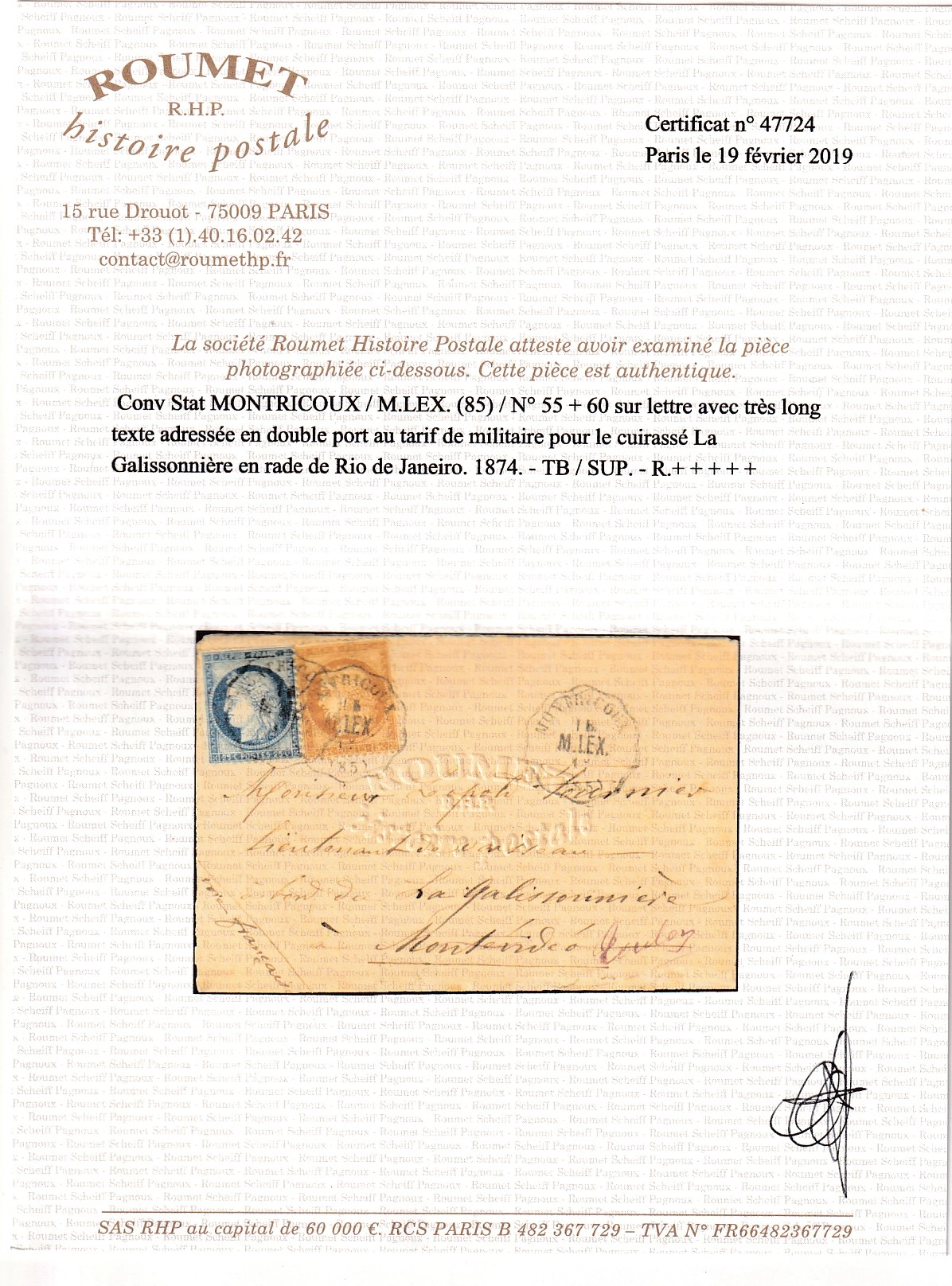 4 N°55 60 DOUBLE PORT MILITAIRE CONVOYEUR STATION MONTRICOUX TARN ET GARONNE  POUR CUIRASSE LA GALISONNIERE RIO JANEIRO BRESIL 1874 NEGREPELISSE