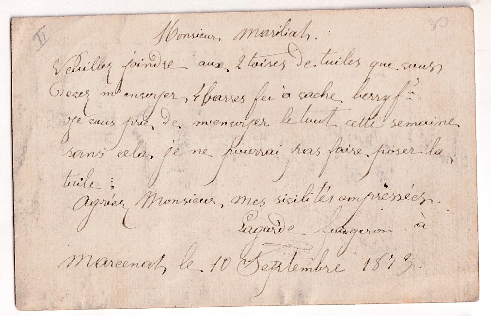 1 N°59 ANNULATION BM SUR TIMBRE CARTE PRECURSEUR DE MARCENAT CANTAL POUR TALIZAT 1873