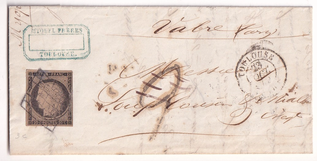 3 N°3 COULEUR FAUVE GRILLE TOULOUSE 23.10.1849 POUR VABRE TARN TAXE 2 ANNULEE