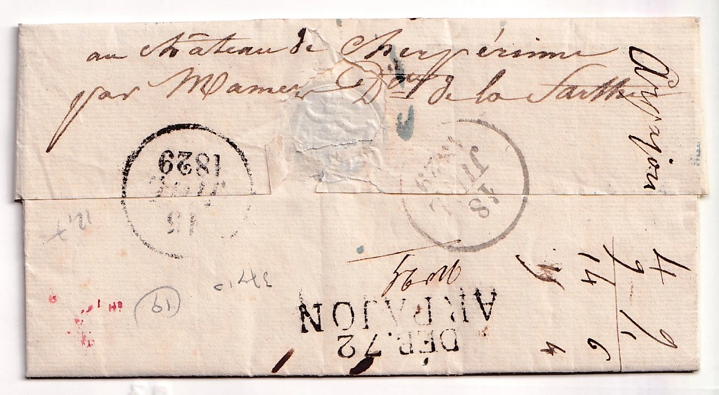 1 DEBOURSE DEB 72 ARPAJON 1829 INDICE 19 SEINE ET OISE DEPART PARIS REEXPEDIE MAMERS SARTHE