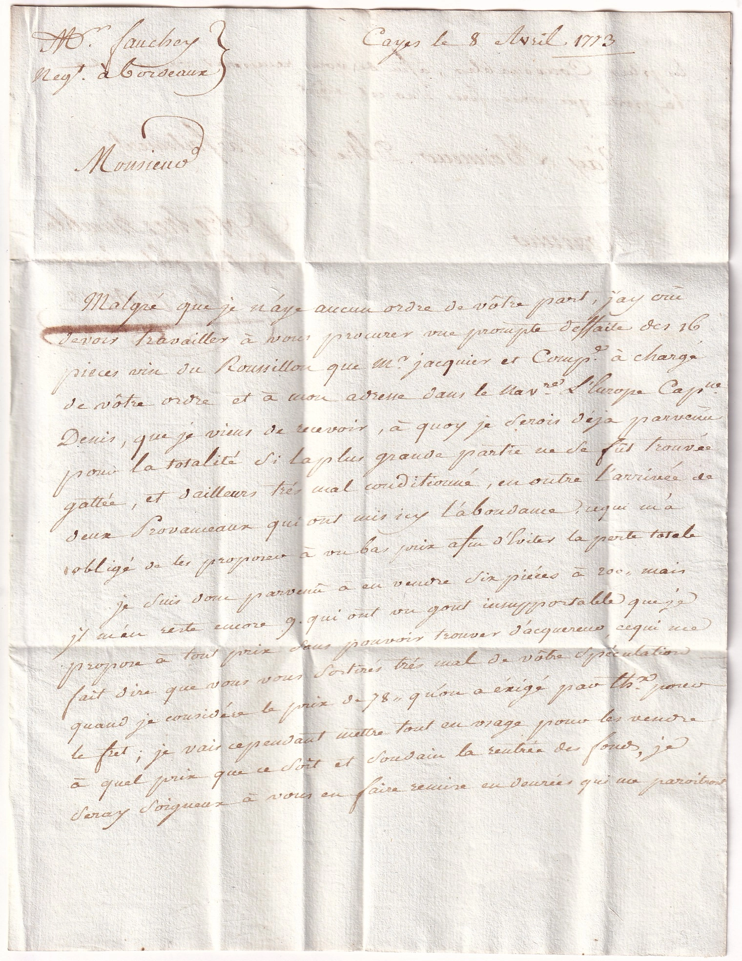 1 PETITE POSTE DE BORDEAUX B+ DU EN ROUGE TEXTE DU CAP HAITIEN HAITI 1773 POUR BORDEAUX