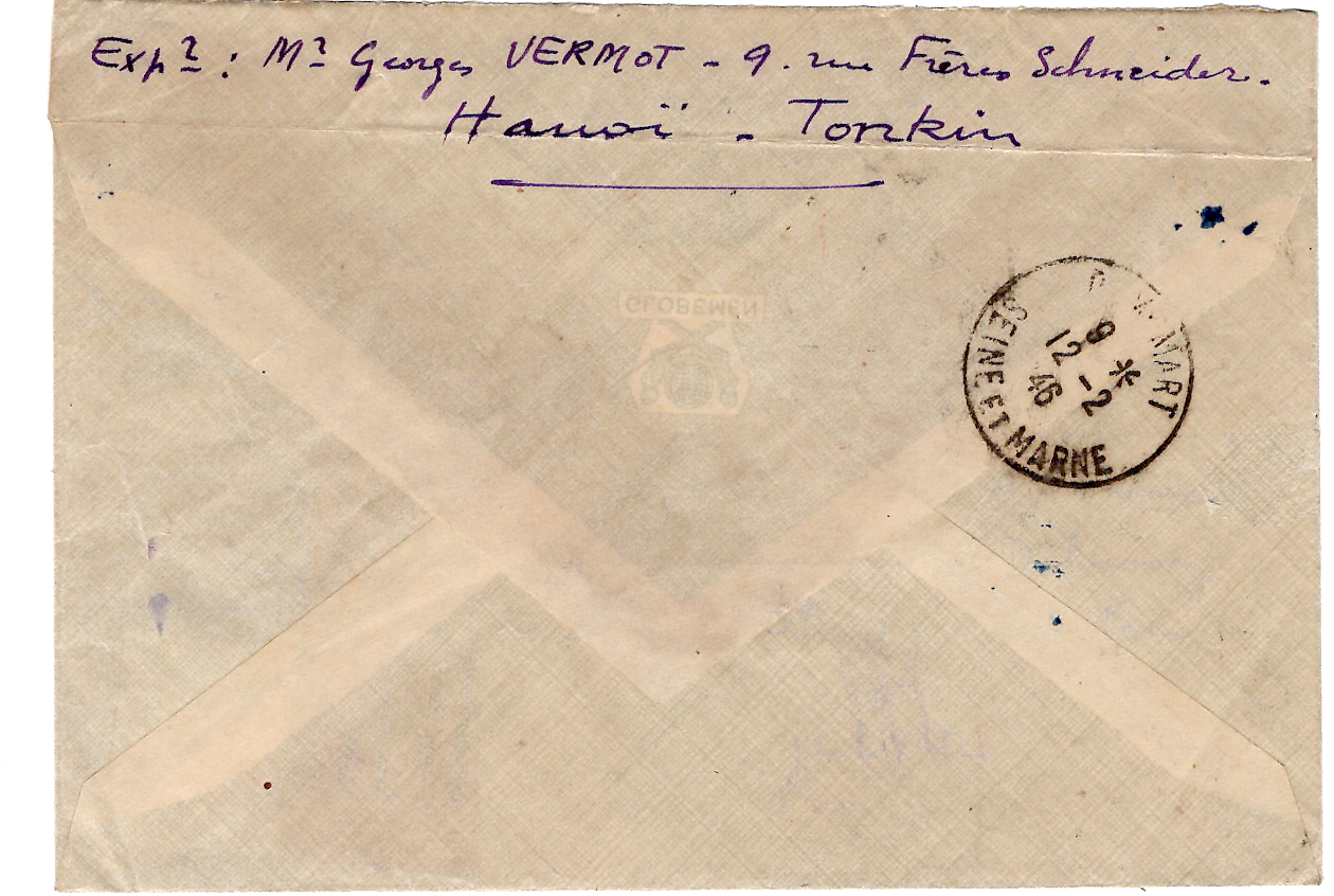1 GANDON IRIS PAIX SURTAXE LETTRE REC AVION POSTE AUX ARMEES 28.1.46 *411* ECRITE HANOI